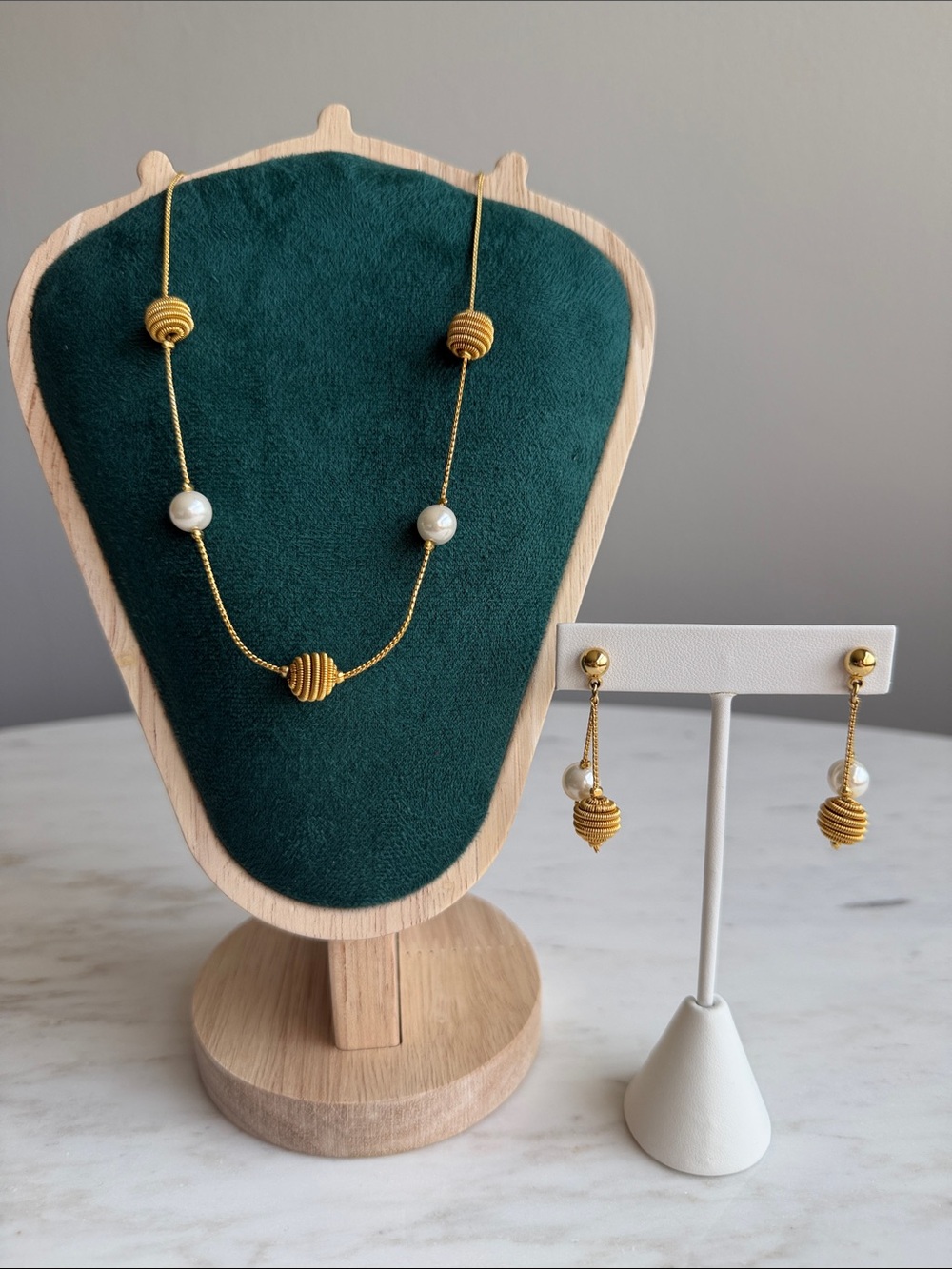 Vintage Gold Rope Sphere and Pearl Bead Necklace & Drop Earring Set